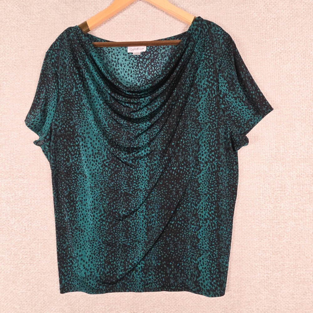 Jaclyn Smith Collection‎ Teal Black Animal Print Cowl Neck Blouse Size XXL